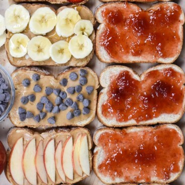 overhead shot pf PB&J sandwiches