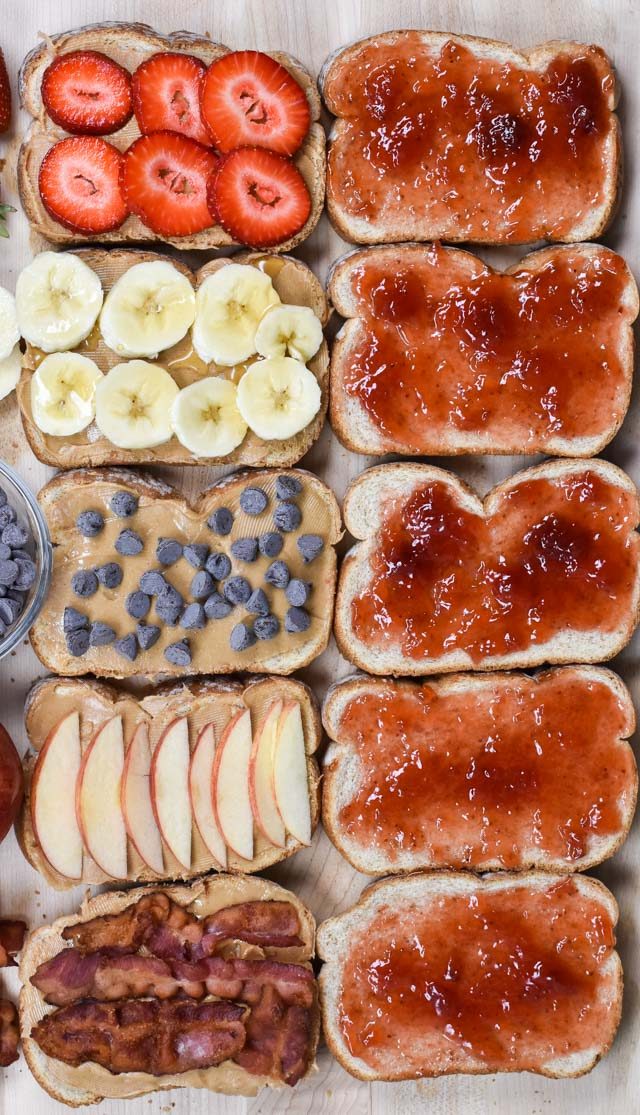 10 slices of bread with different toppings you can use with PB&J