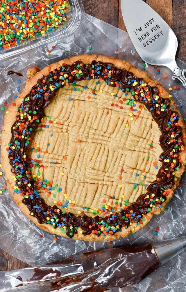 overhead shot of peanut butter cookie cake