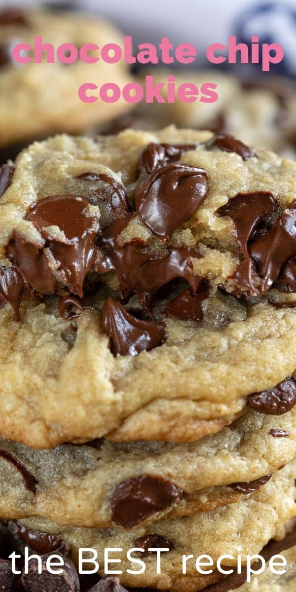 stack of 4 chocolate chip cookies with one cut in half