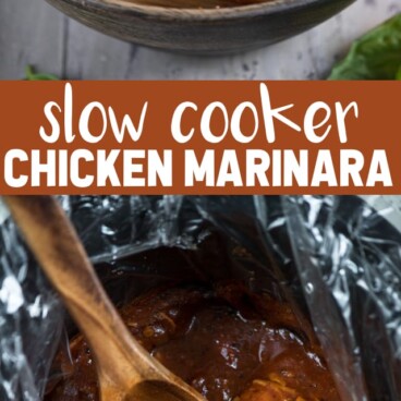 collage of crockpot chicken marinara recipe