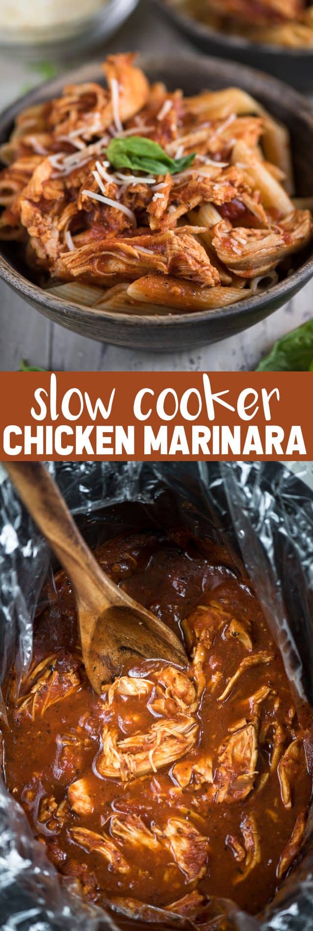 collage of crockpot chicken marinara recipe