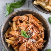 overhead shot of EASY Crockpot Chicken Marinara in bowl