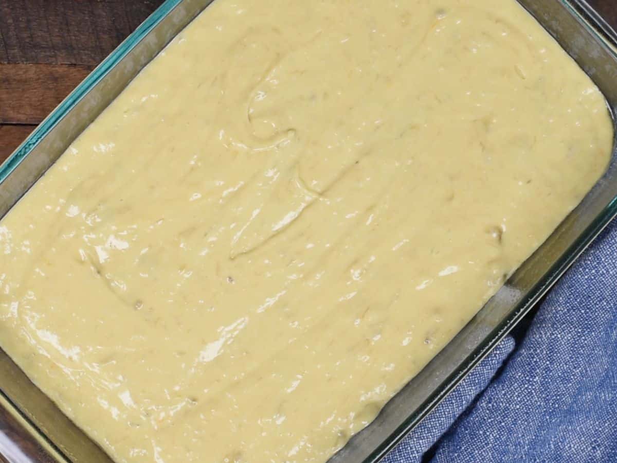 cake batter in pan.