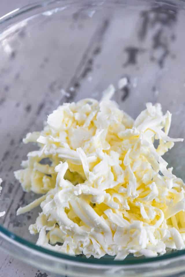Grated butter for crumble topping is easier to cut in than cubed.
