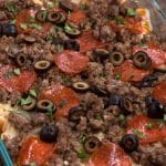 overhead shot of pizza pasta casserole