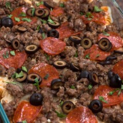 overhead shot of pizza pasta casserole