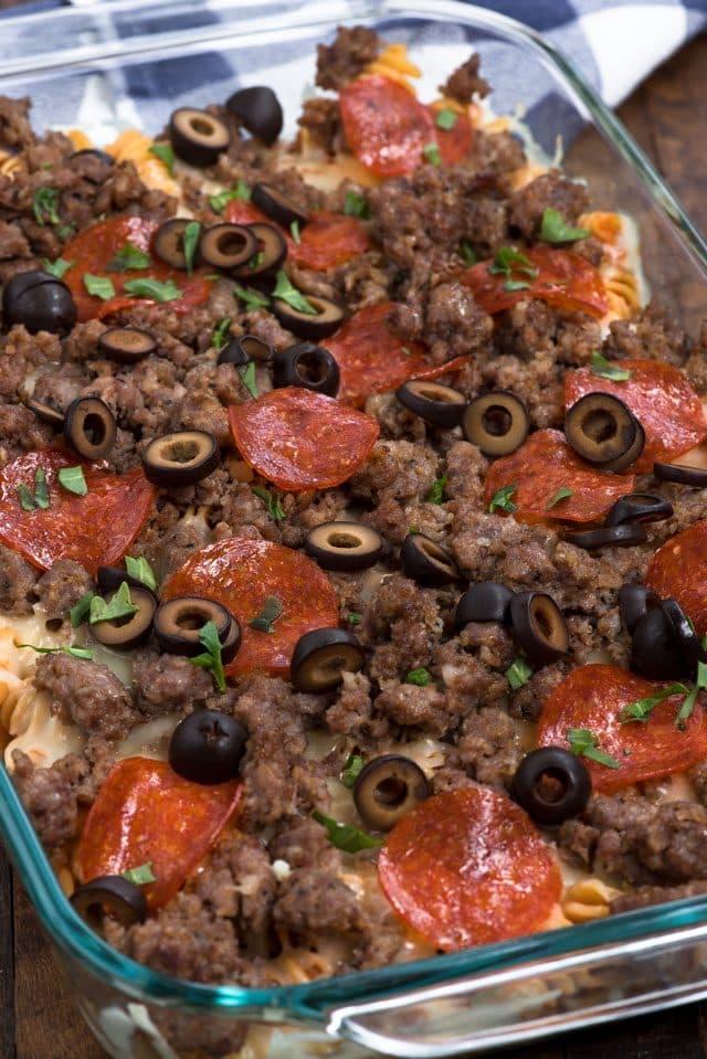 overhead shot of pizza pasta casserole