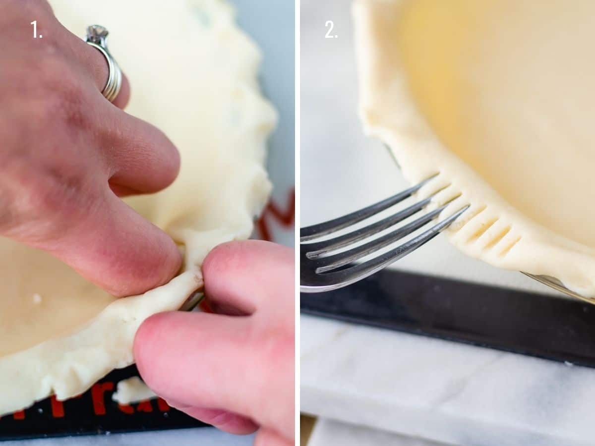 photos showing fingers crimping pie crust edge and fork pressing pie crust edge