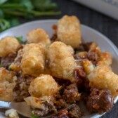 chili tater tot casserole on white plate