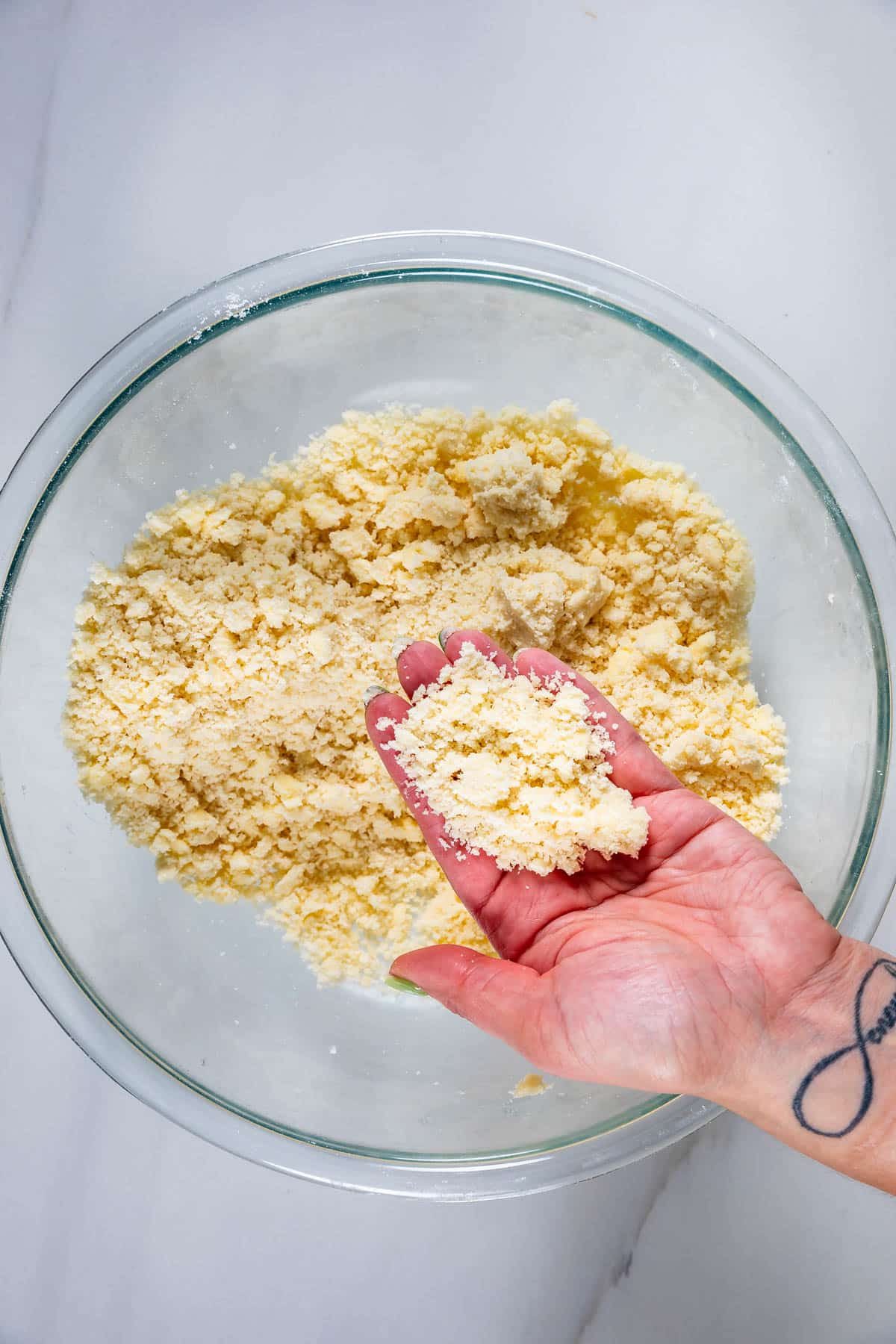 crumble in a clear bowl .