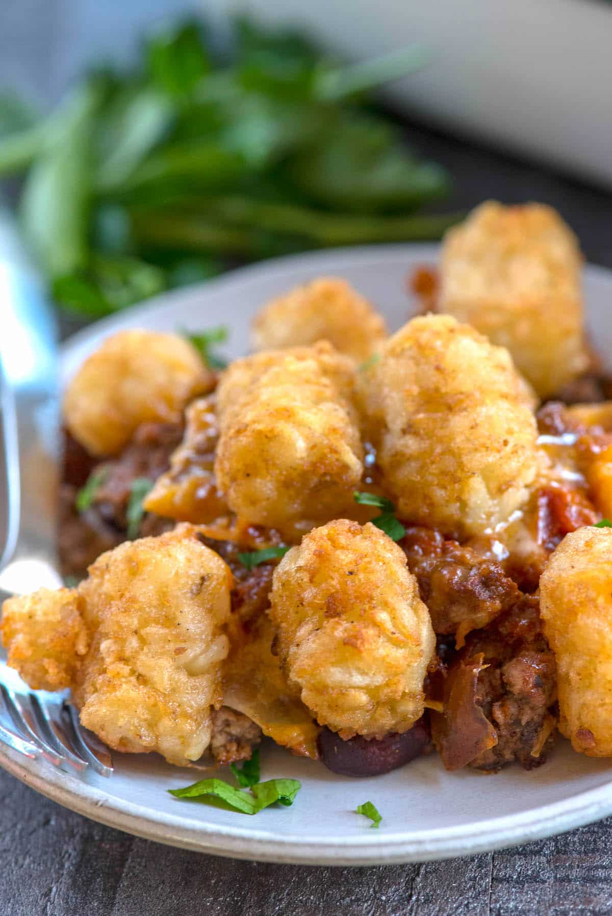 tater tot chili casserole on plate