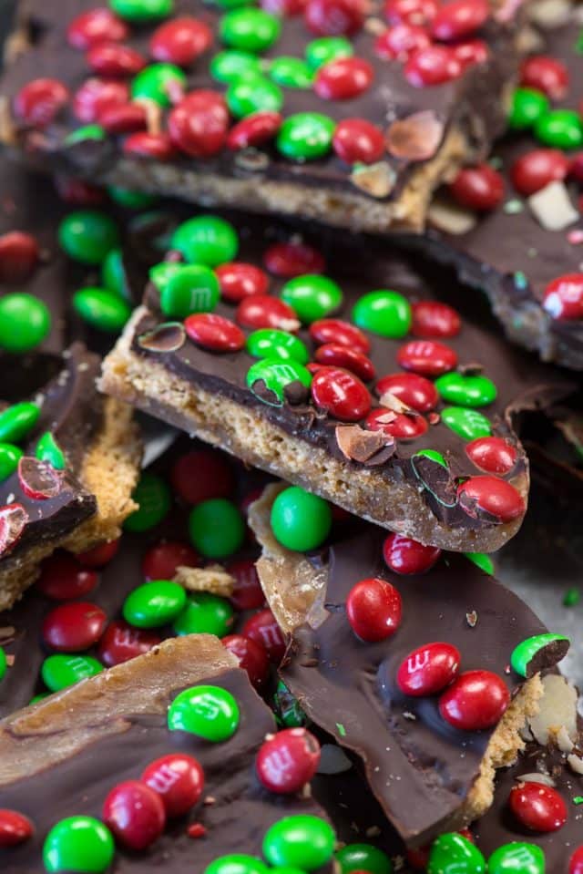 Graham Cracker Toffee Bark with christmas candy 