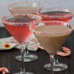 candy cane martinis with chocolate or plain on wood table