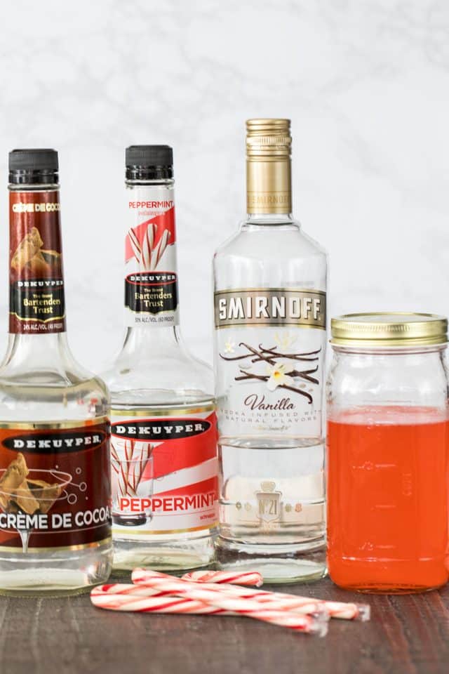 Ingredients to make candy cane martinis