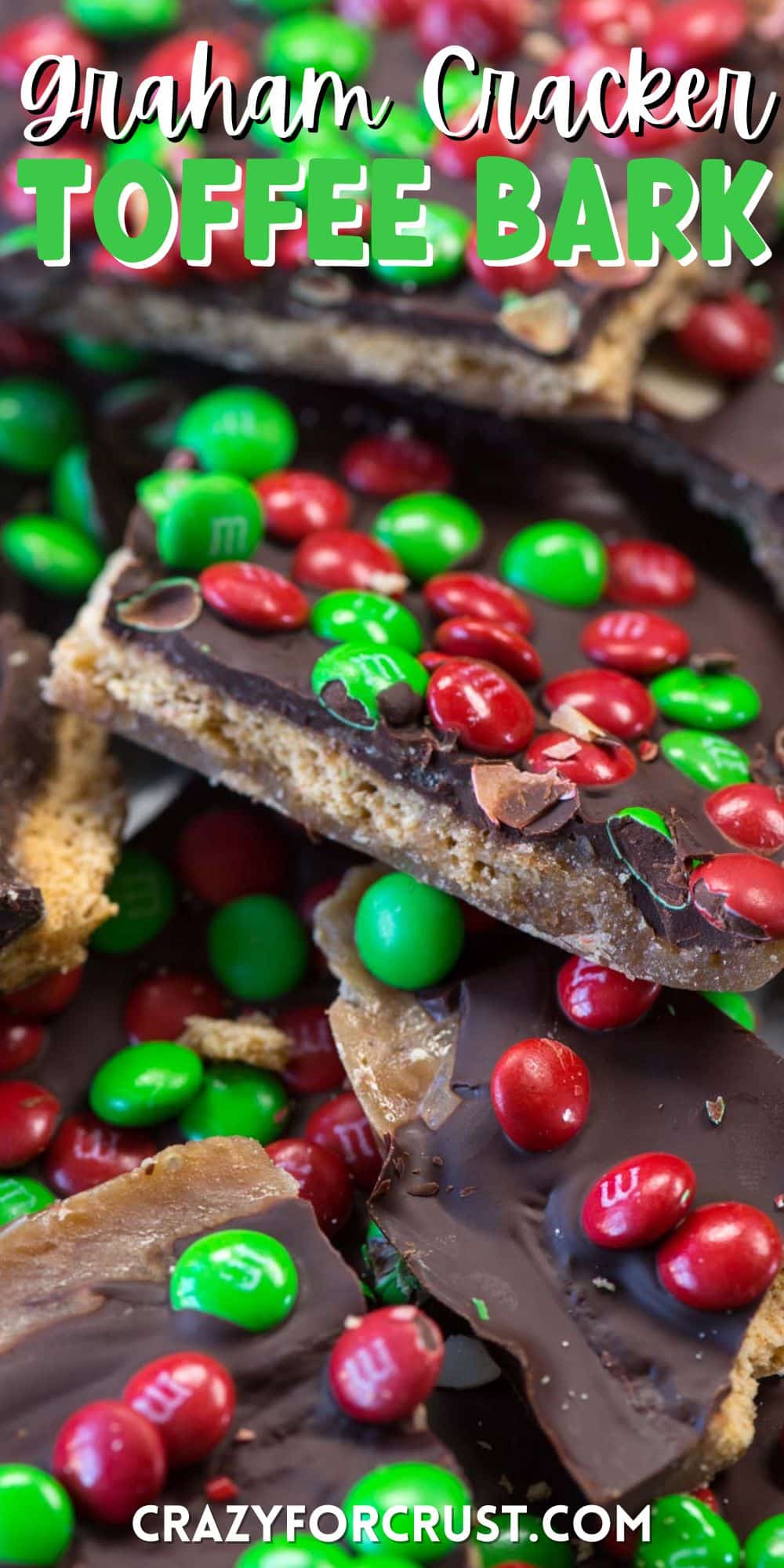 pile of toffee bark with christmas M&Ms
