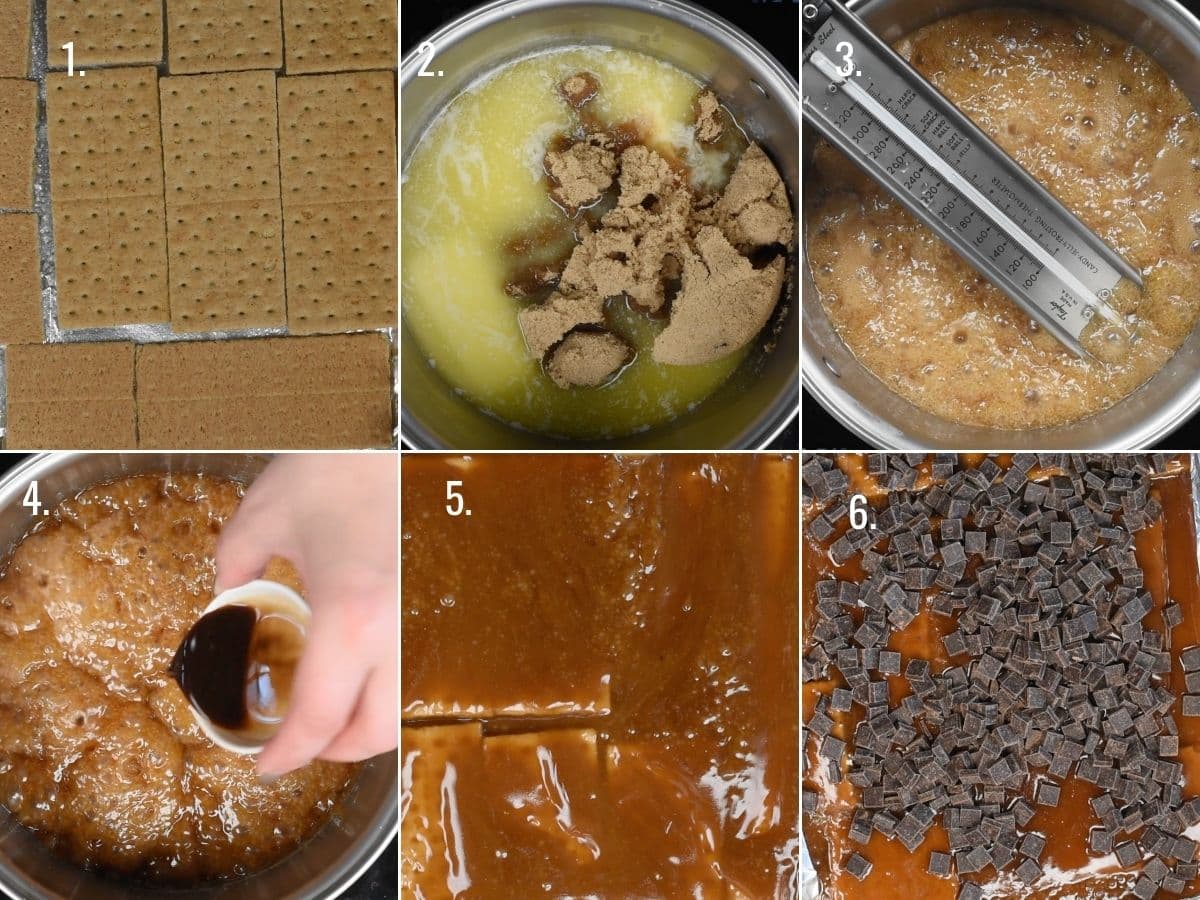 6 photos showing process of how to make toffee with graham crackers