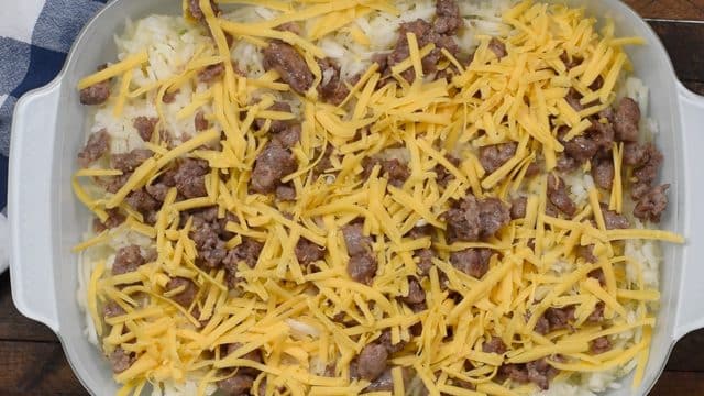How to make Hashbrown Casserole with sausage, eggs, and cheese.