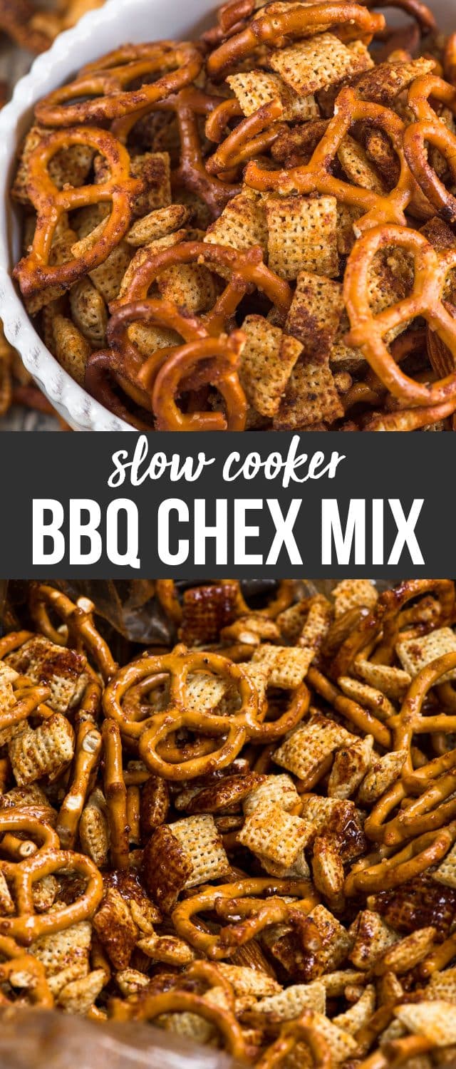collage of bbq Chex mix recipe