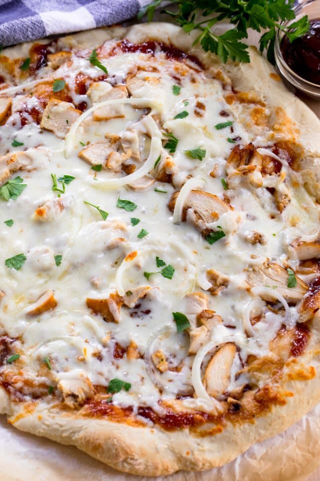 overhead shot of bbq chicken pizza