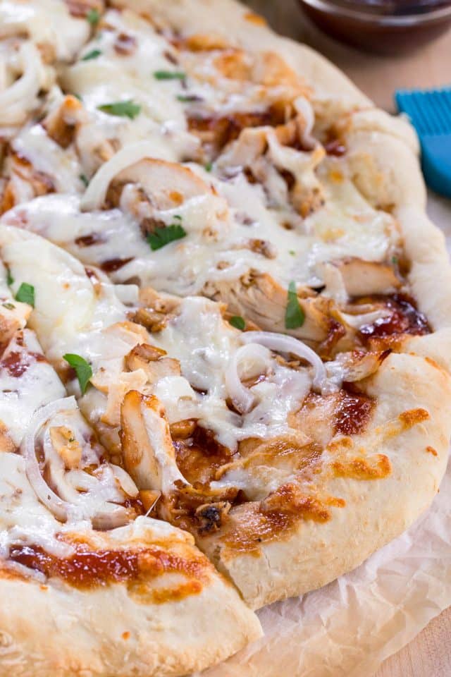 sliced bbq chicken pizza