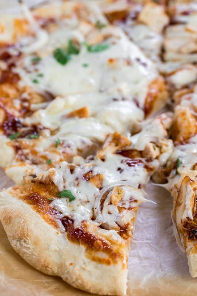 sliced bbq chicken pizza