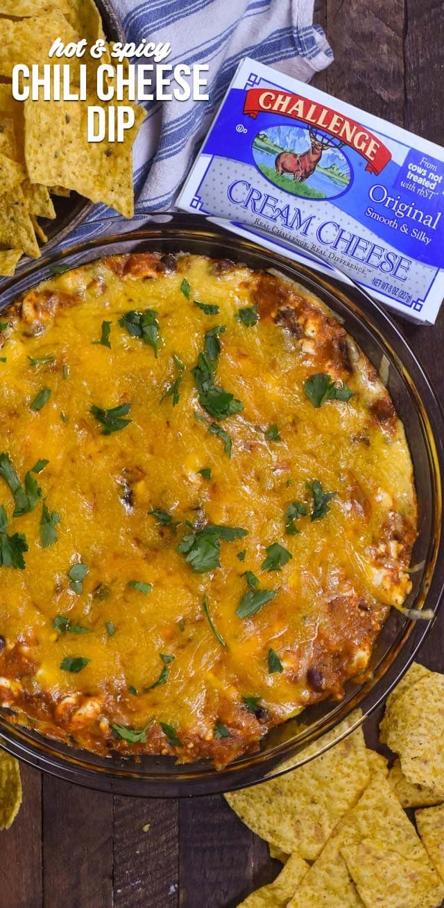 overhead shot of chili cheese dip