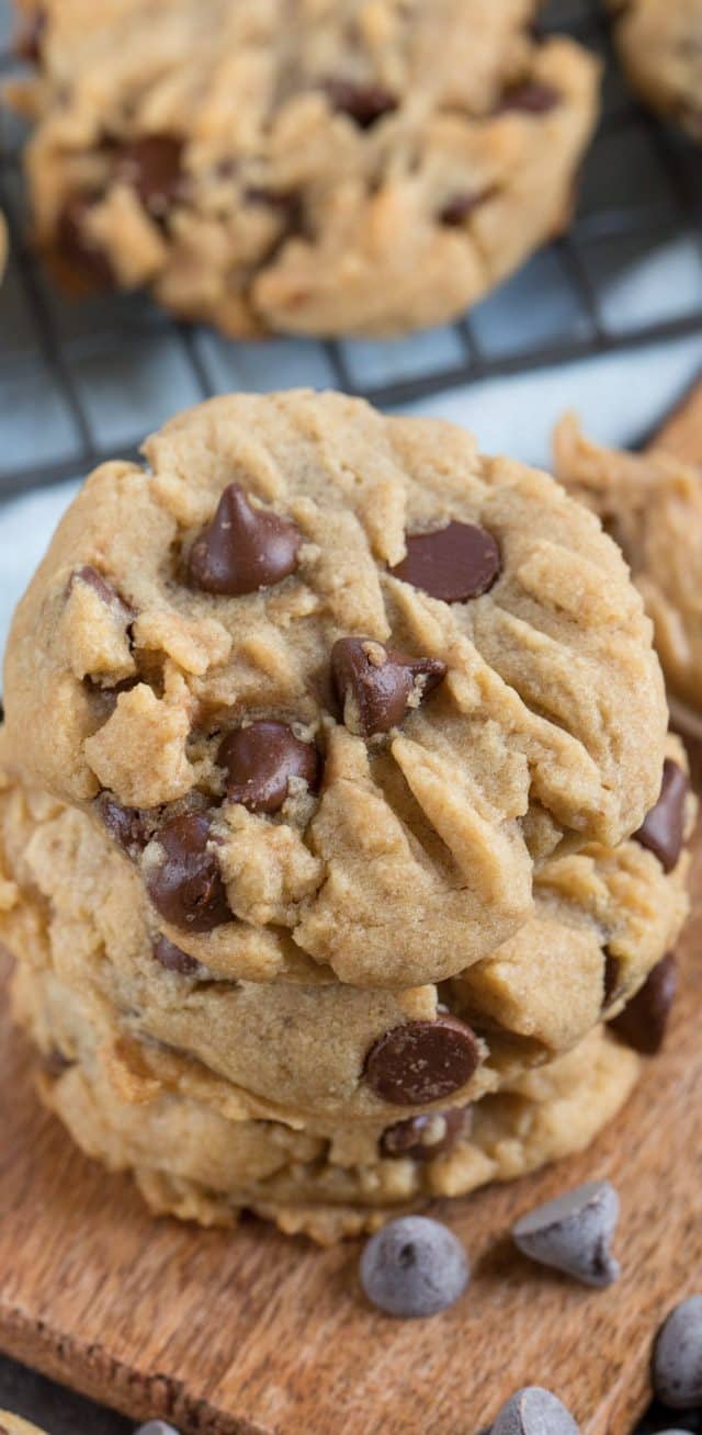 peanut butter chocolate chip cookies in a stack