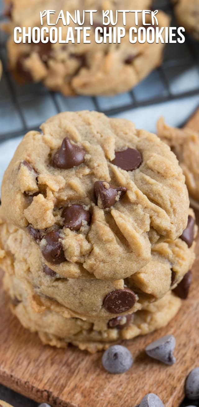 peanut butter chocolate chip cookies in a stack