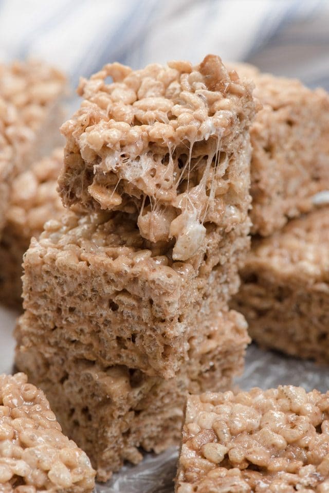 stack of brownie batter Krispie treats