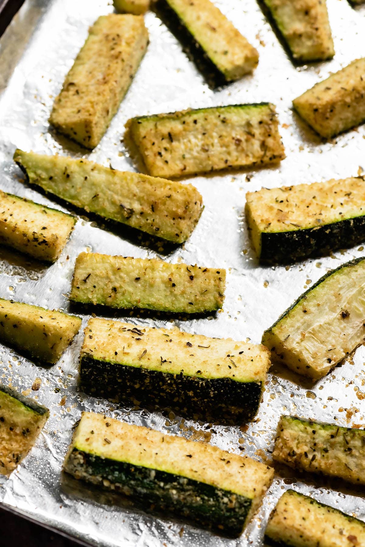roasted zucchini on cookie sheet with foil.