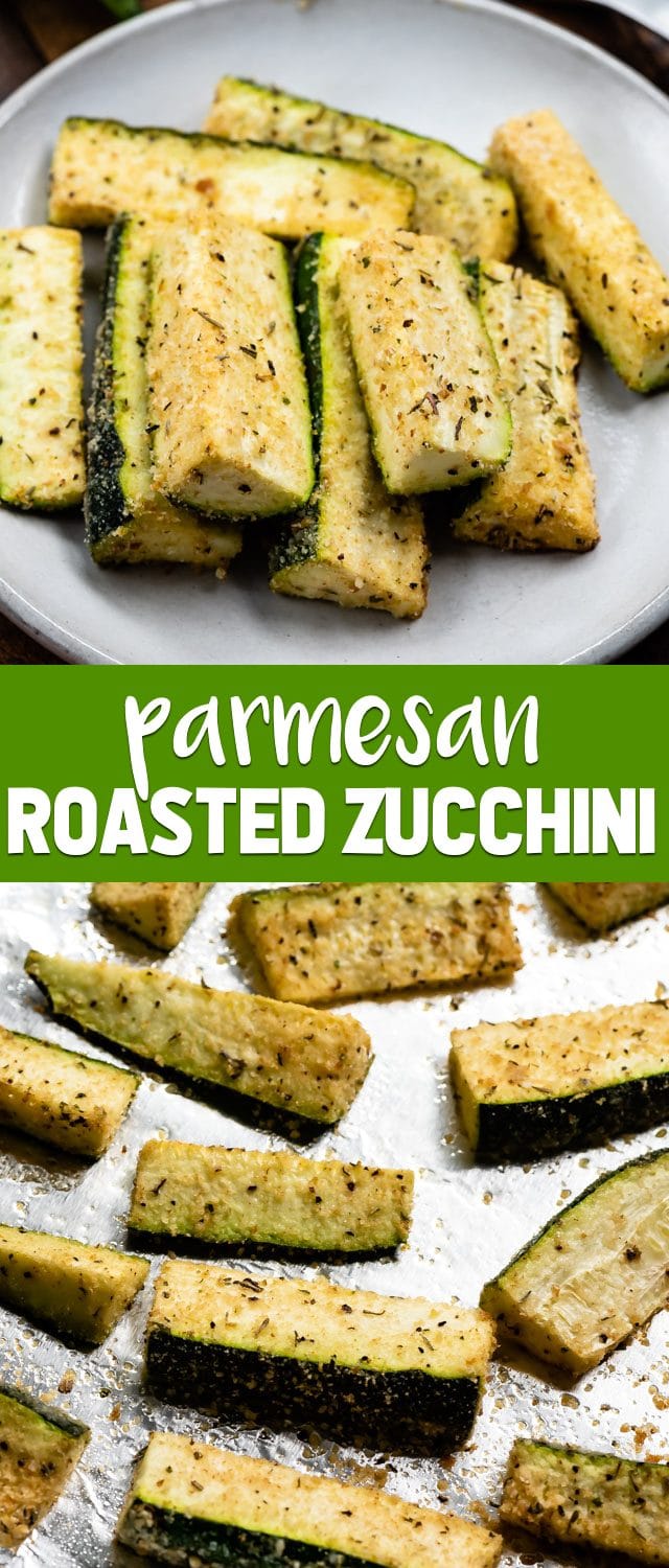 parmesan roasted zucchini on white plate collage photo