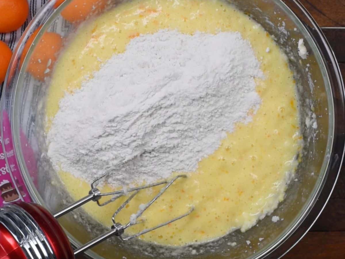 batter and flour in large bowl with mixer.