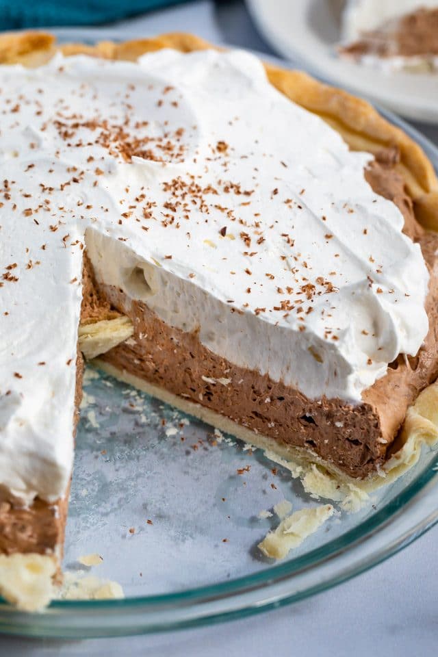 French silk pie with slice missing