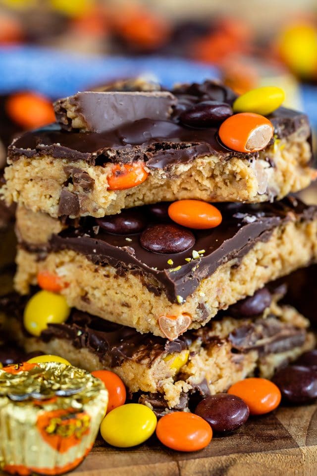 stack of peanut butter bars with bite missing