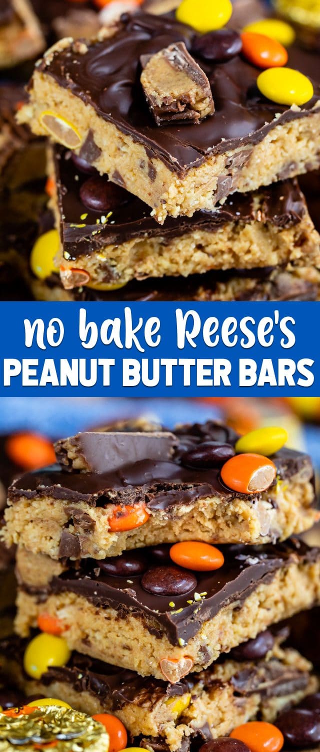 collage of no bake Reese's peanut butter bars photos