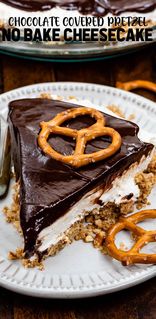 slice of chocolate covered pretzel no bake cheesecake on white plate