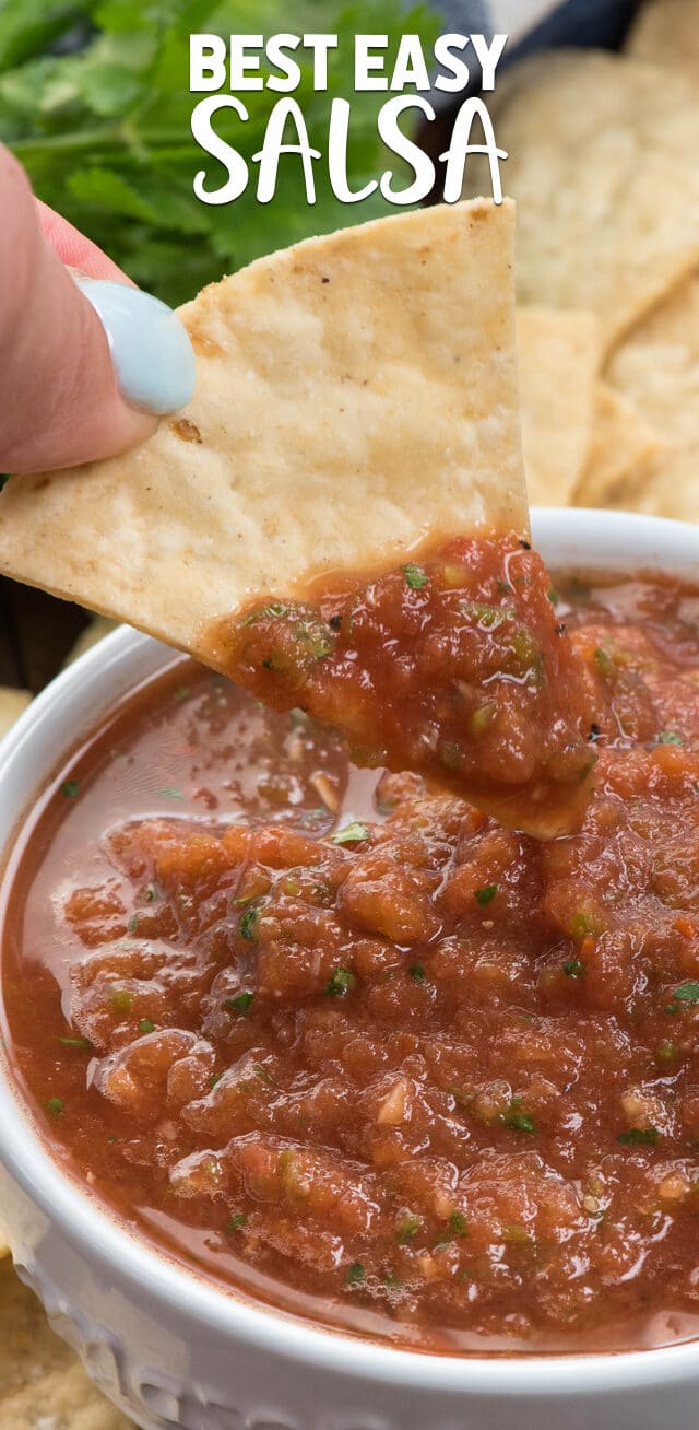 chip being dipped in easy salsa recipe