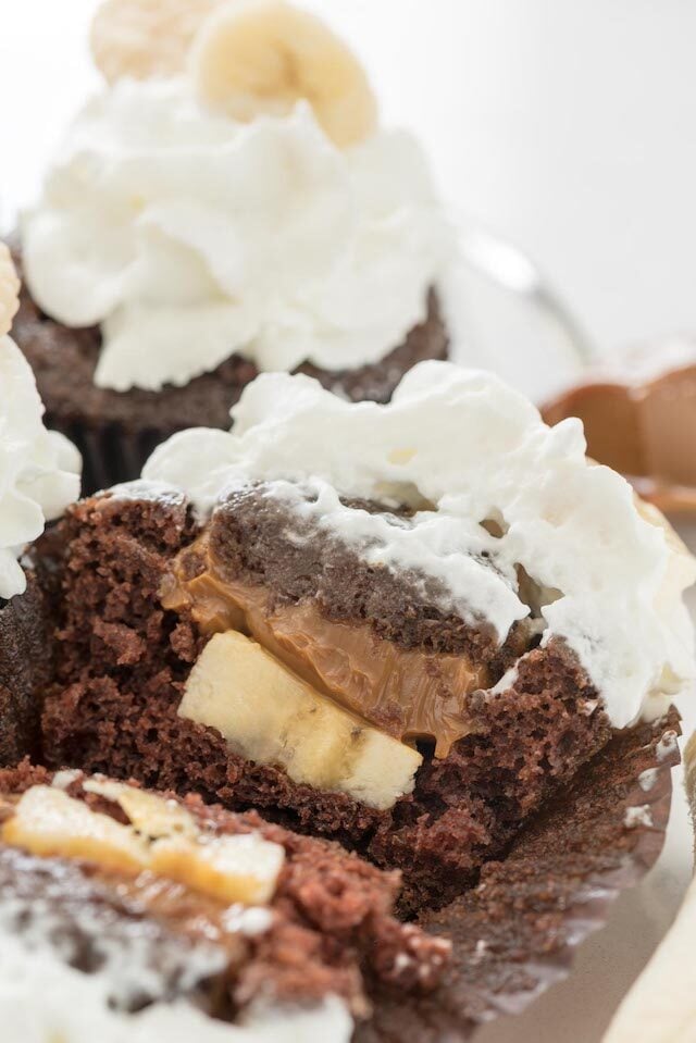 sliced open banoffee cupcake