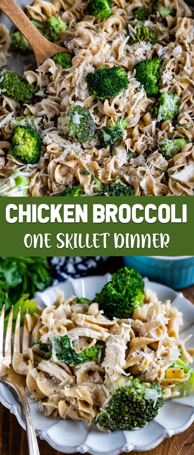 collage of chicken broccoli skillet photos