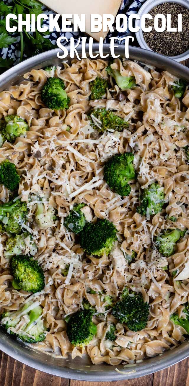 overhead shot of chicken broccoli skillet in pan