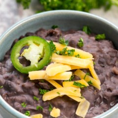 refried beans in blue bowl