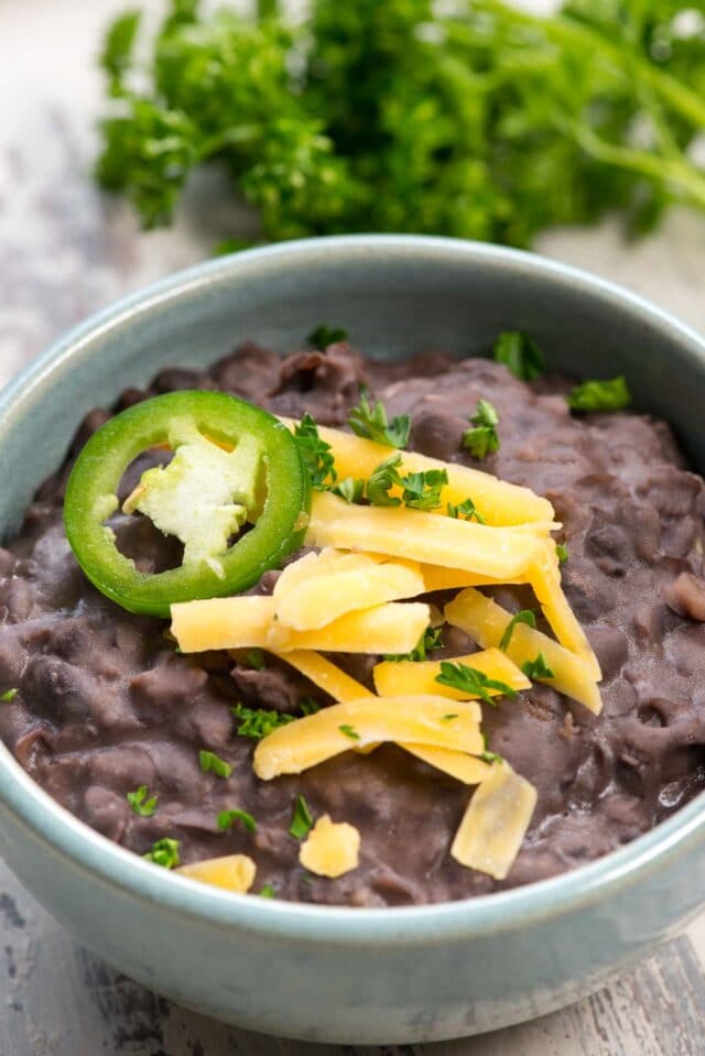 refried beans in blue bowl