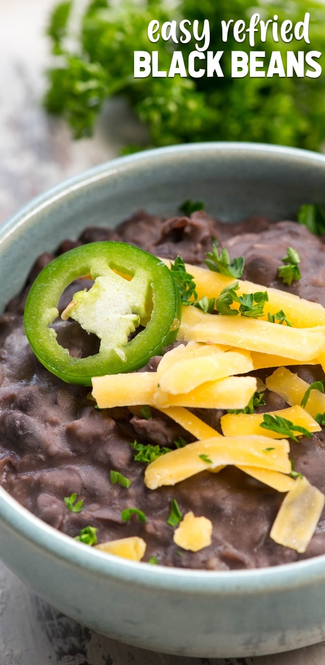 easy refried black beans in blue bowl