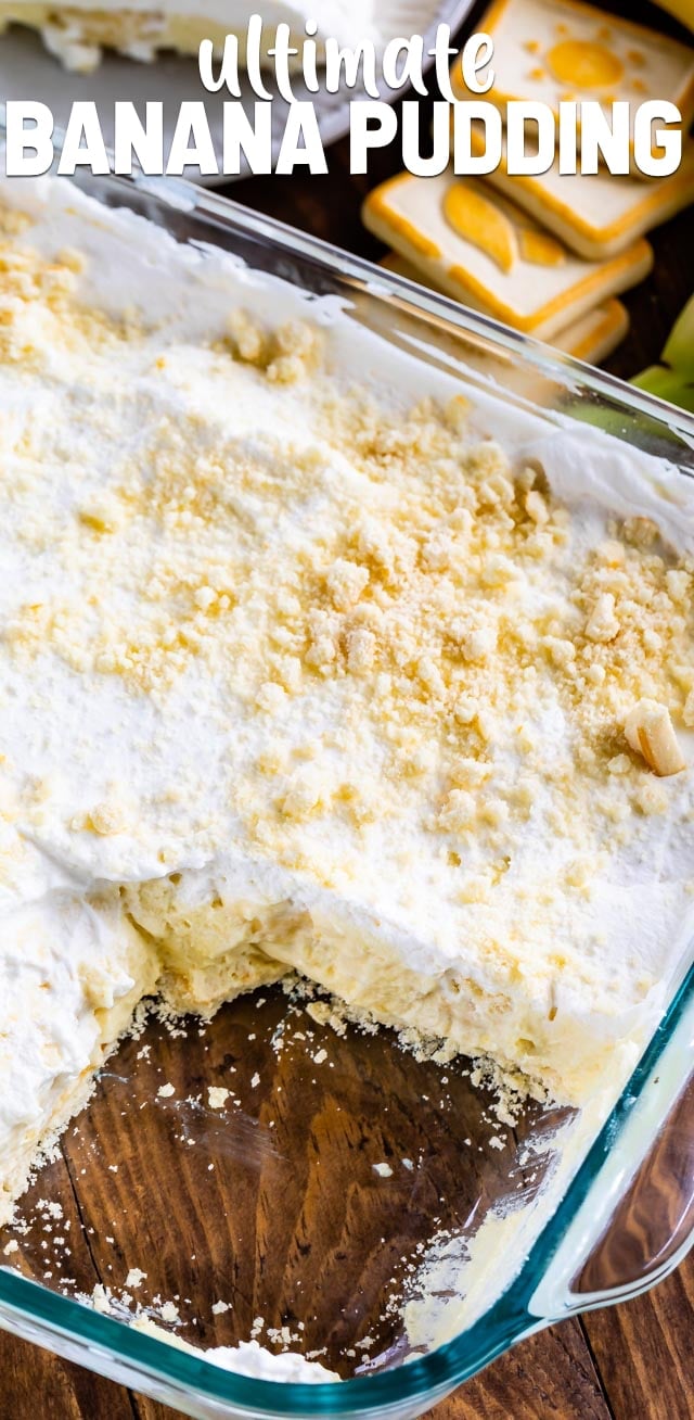 overhead shot of banana pudding in pan