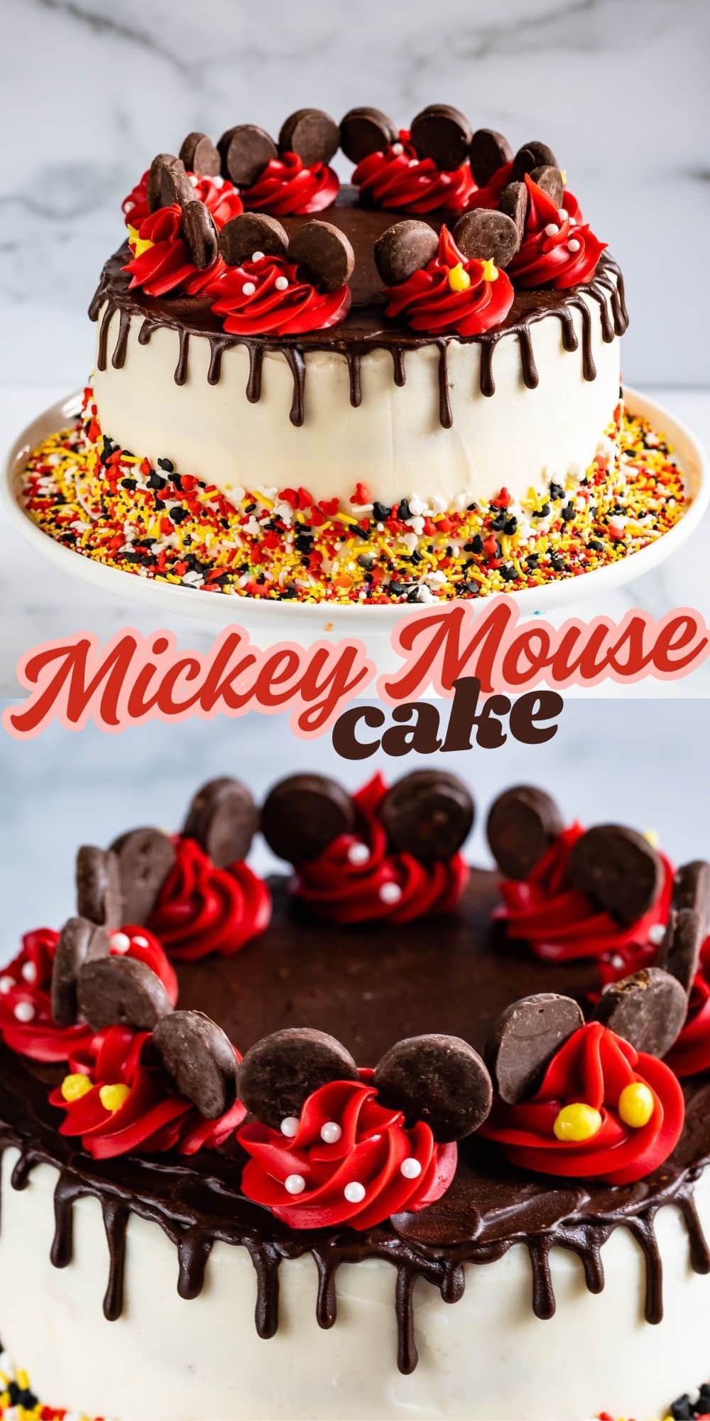 A round Mickey Mouse cake with white frosting, chocolate drip, and red, yellow, and black sprinkles. Finished with red icing swirls, chocolate cookies, and yellow and white candies for a playful Mickey-inspired look.