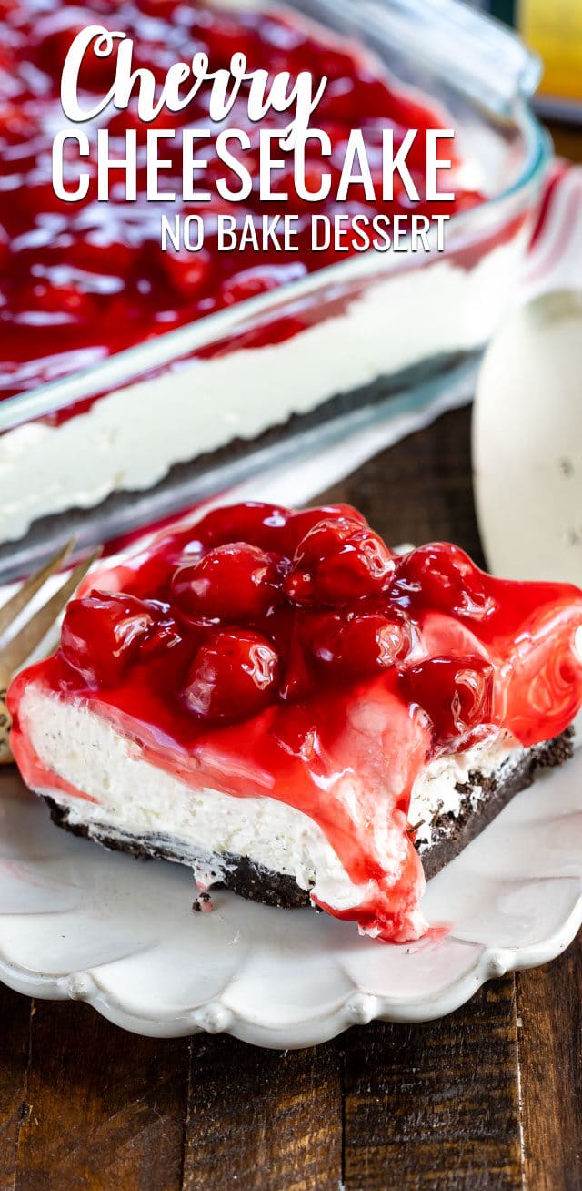 slice of no bake cherry cheesecake lush on white plate