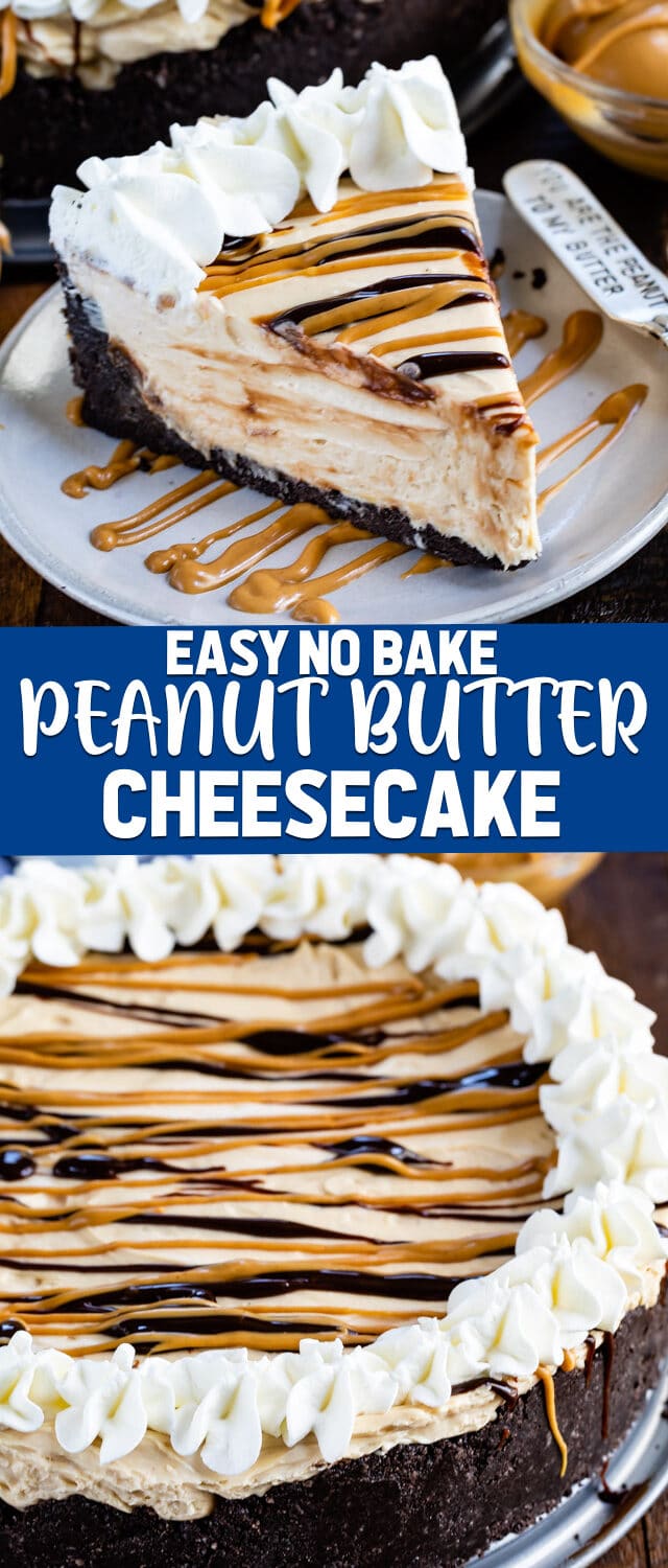 collage of no bake peanut butter cheesecake photos