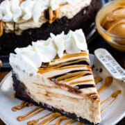 slice of Easy No Bake Peanut Butter Cheesecake Recipe on plate
