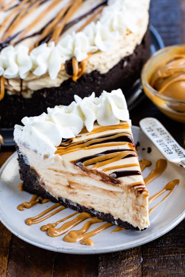 slice of Easy No Bake Peanut Butter Cheesecake Recipe on plate